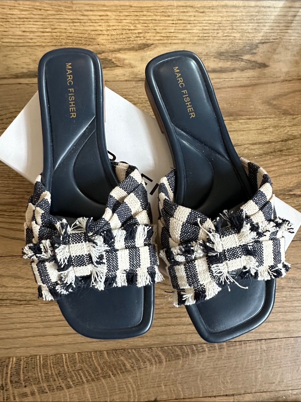 Marc Fisher Navy & Cream Checked Slide Mules